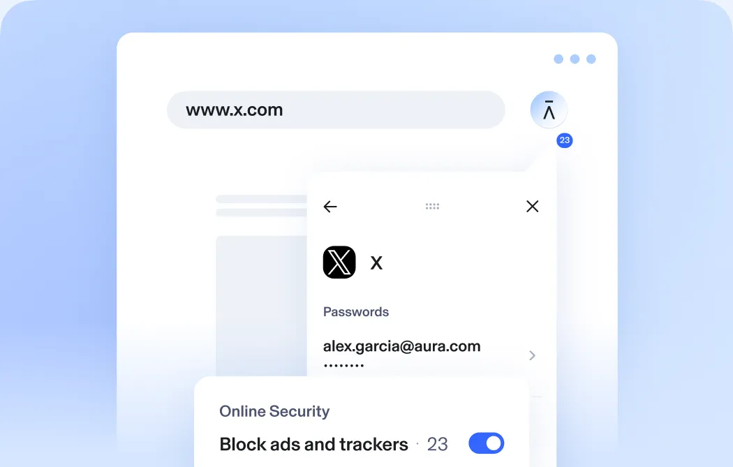 Aura browser extension showing a saved password on X and that the “Online Security” feature has blocked 23 ads and trackers.